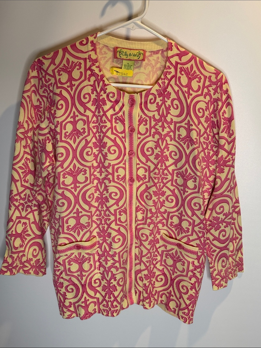 Lilly & Van Pink & Cream Patterned Button Cardigan Jacket Size: XL